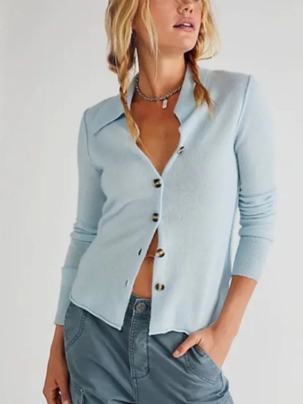 Free People Paloma 100% Cashmere Wool Button Up Cardigan Ice Blue Sz S